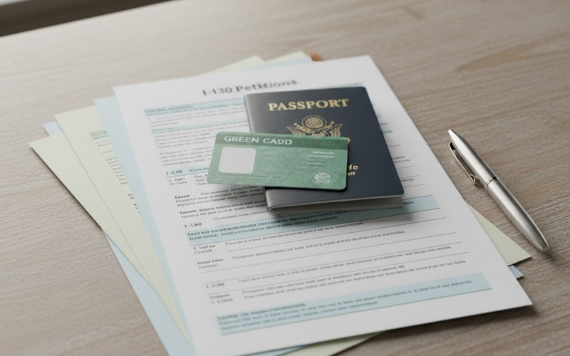 Immigration documents including green card and I-130 petition forms on a desk