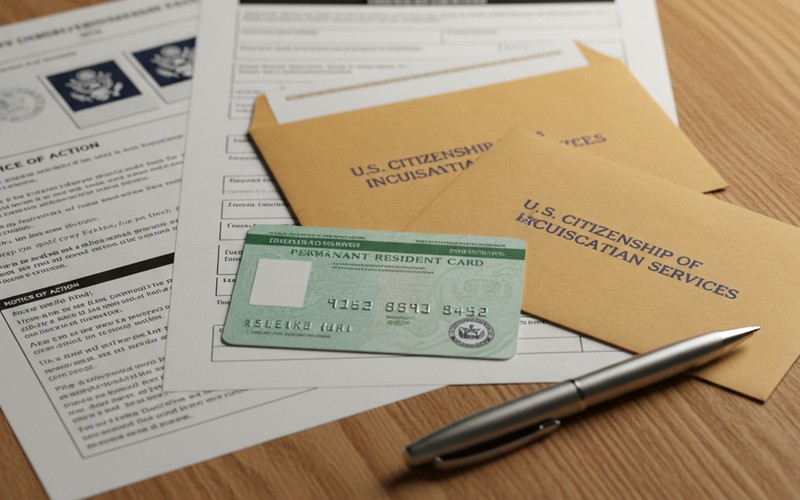 Immigration legal documents and green card on a desk in a Houston immigration law office