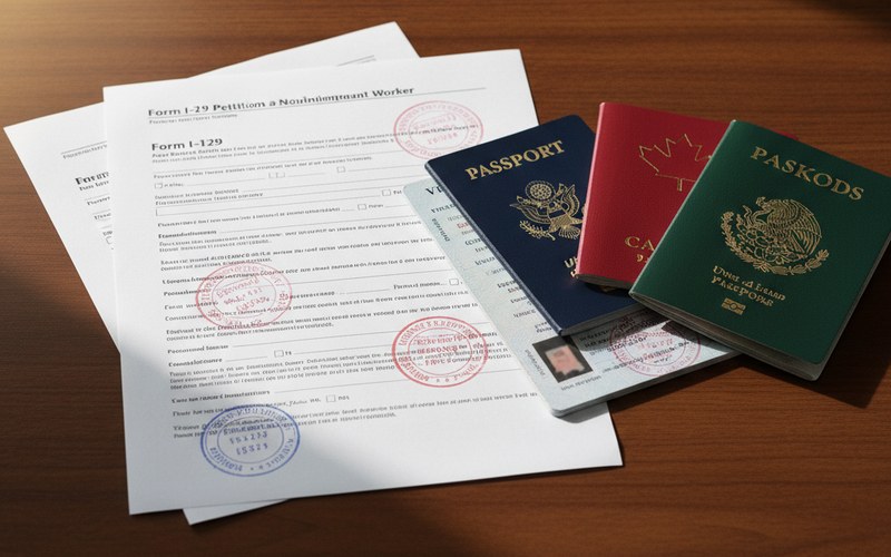 how-to-get-a-tn-visa TN visa application documents including Form I-129 petition and Canadian and Mexican passports on an attorney's desk