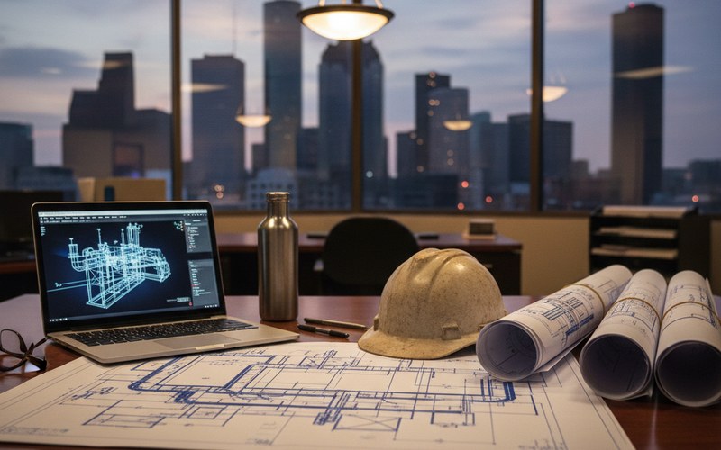 Engineer reviewing blueprints in Houston Texas office qualifying for TN visa