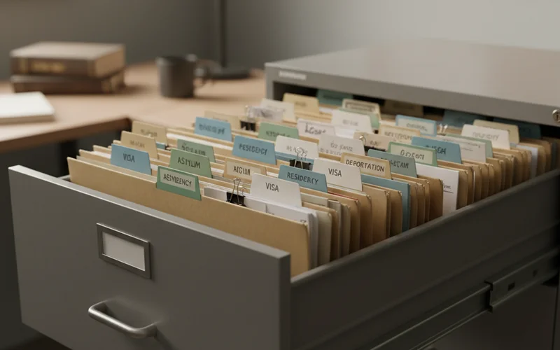 Organized immigration case folders in filing cabinet for DACA Texas renewal