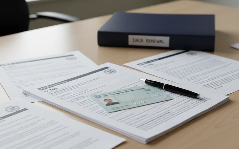 DACA Texas renewal documents I-821D and I-765 forms with EAD card and supporting identification on a desk at a Houston immigration office