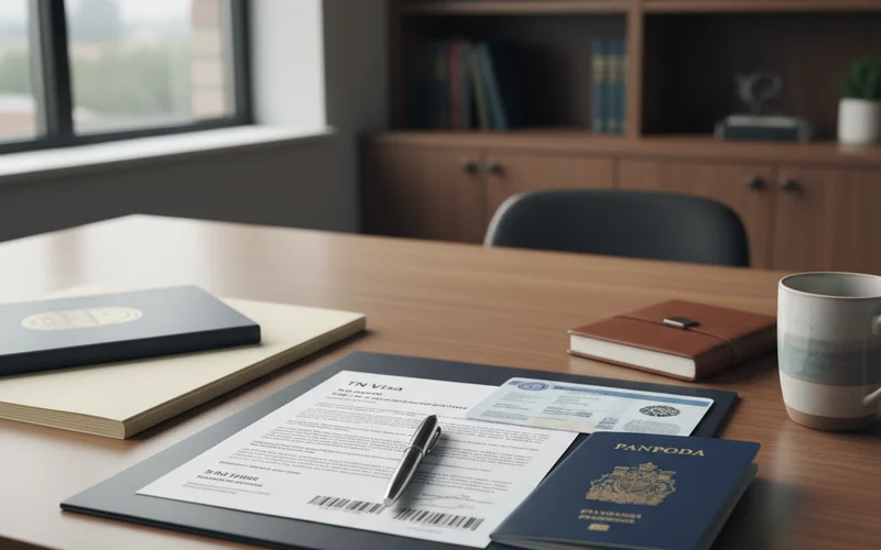 TN visa renewal Texas documents with passport and work authorization on a desk