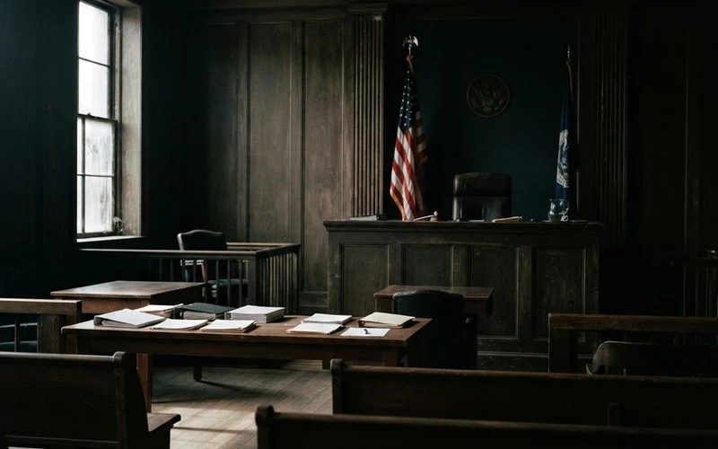 Interior of an immigration courtroom in Houston Texas where removal proceedings are held