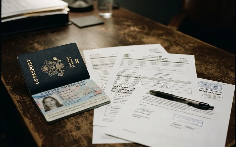 US passport and immigration waiver application forms on a desk in a law office