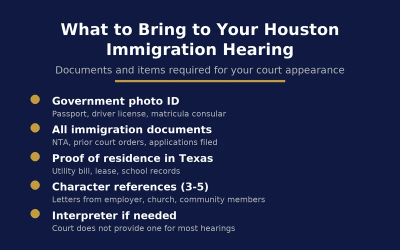 Checklist of documents and items to bring to your Houston immigration court hearing